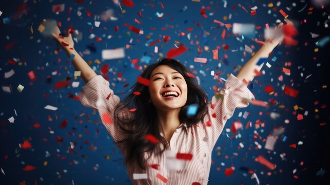 Happy asian woman in red white and blue confetti rain celebrating on dark blue background.