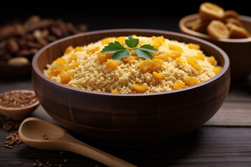 Bowl with Brazilian farofa. Made with manioc flour. South American cuisine. Latin America. .