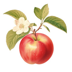 Botanical illustration, branch with Red Apple and flower in retro illustration style, PNG. Generative AI	
