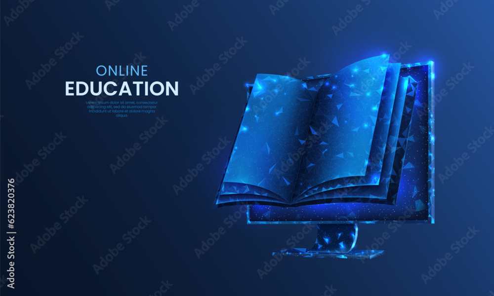 Aufkleber Digital learn. Online library. Electronic book. E-learning technology in computer. Science study in school. Smart training. Read literature. Education concept. Vector background design