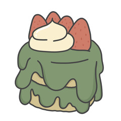 Matcha green tea cake with strawberries and cream at the top