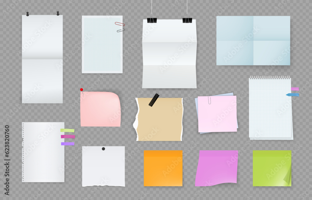 Poster notepad, paper notes collection. pin, sticky memo pages, notebook sheets different colors, pad, stic