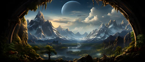 Fotobehang a scene from an animated fantasy style scene of mountains Generated by AI © tom sandy