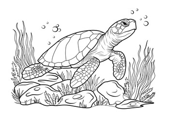 Big ocean turtle, cute striped fishes in the underwater world with algae, sand, bubbles on white isolated background. Good for kids and adults coloring book pages.