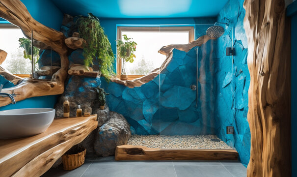 modernes Badezimmer mit Dusche aus Naturmaterialien