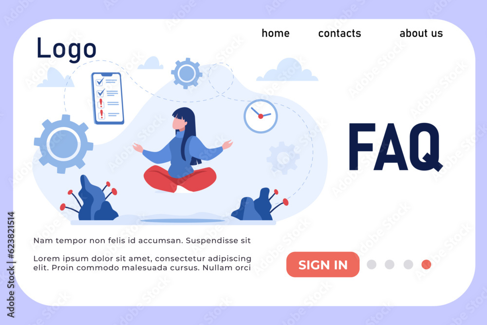 Aufkleber Online meeting landing page. FAQ website design. Planning time and schedule. Customer support. Frequently asking questions. Help to clients. Efficient management. Vector web banner template