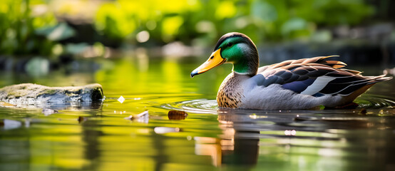 a mallard duck swims through the water Generated by AI - Powered by Adobe