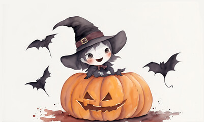2023 happy cute little kid boy celebrate Halloween wears witch costume. little kid boy with a pumpkin, isolated graphics. Cute cartoon witch character