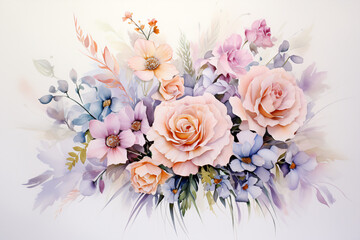 Obraz na płótnie Canvas Floral pastel watercolor style wedding bouquet. Isolated and editable. Soft Colors. Flowers and leaves.