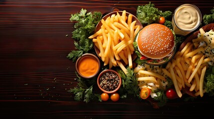 Tempting Fast Food Feast: Hamburger, Fries, Sauces, and Drinks on Rustic Wooden Background in Top View.