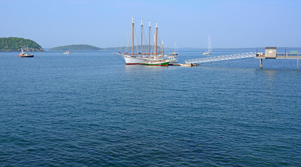 Four-masted schooner, ships and yachts  in Frenchman Bay. Bar Harbor, Maine, United States