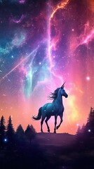 Naklejka premium Silhouette of a Unicorn in a Pastel Galaxy Sky AI Generated