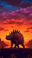 Fototapeta premium Stegosaurus Bathed in Twilight Hues Silhouetted Against Vivid Orange Sunset AI Generated