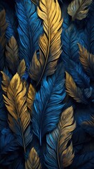Dark Blue Leaves Wallpaper with Detailed Feather Rendering AI Generated