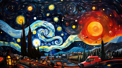 "The Starry Night" with a flying house and spaceships in van Gogh style