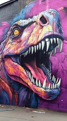 Vibrant Graffiti Artwork of a T-Rex Against a Dark Urban Wall AI Generated