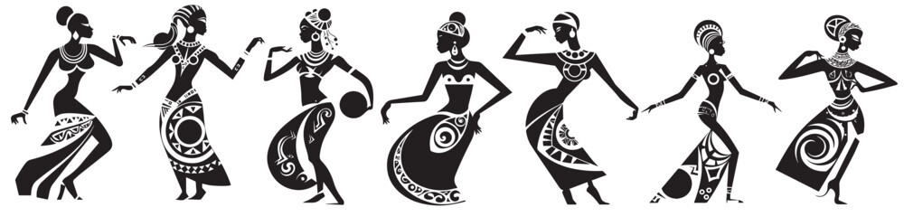 African women dancers, vector decoration, black illustration silhouette laser cutting