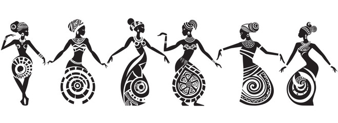 African women dancers, vector decoration, black illustration silhouette laser cutting