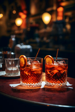 Drink Negroni in a bar environment. Alcoholic Cocktail