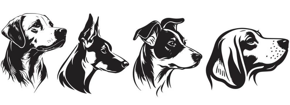 Dogs heads, vector black illustration, silhouette image of animal, laser cutting
