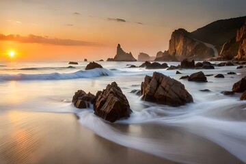 Fototapeta na wymiar Capturing the Majestic Beauty of a Coastal Sunset, Where the Sun's Farewell Kisses the Horizon on the Beach