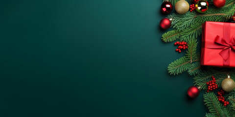 Merry Christmas banner with blank space view green background gift boxes fir tree branches red ornaments with generative AI technology