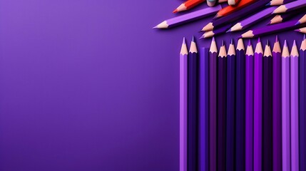 Back to school concept, sharp lilac dark pencils for drawing lie isolated on purple background with copy space, top view, flat lay, teacher's day promotion banner - obrazy, fototapety, plakaty