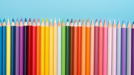 
Back to school concept, colorful pencils in a row isolated on blue background with copy space, top view, flat lay, teacher's day promotion banner