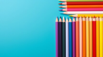 
Back to school concept, sharp colorful pencils for drawing lie isolated on blue background with copy space, top view, flat lay, teacher's day promotion banner - obrazy, fototapety, plakaty