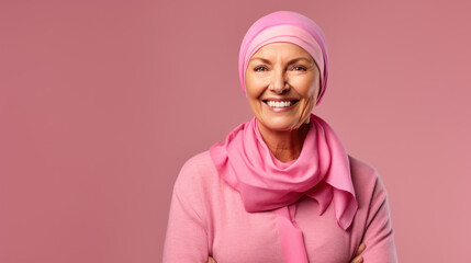 Middle-aged woman cancer patient wearing headscarf and smiling on pink background. Created with Generative AI technology. - obrazy, fototapety, plakaty
