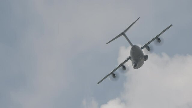 A400 M ATLAS military transport plane during flight with sharp turns