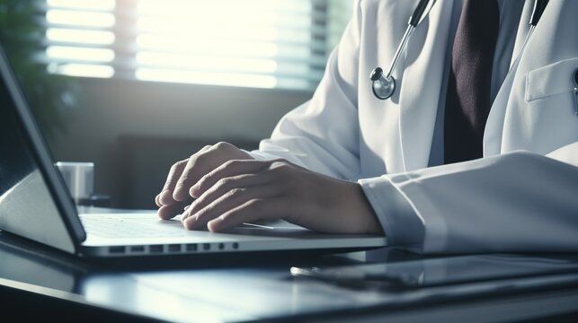 Doctor working an Laptop with Stethoscope prescription clipboard on desk in hospital medical and Healthcare, with generative ai