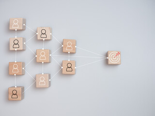 white dartboard and red arrow connection linkage with human icon for customer focus target group and customer relation management concept.