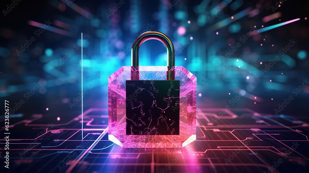 Wall mural Data security and data protection. A padlock protects commercial data when connected to a virtual network, with generative ai