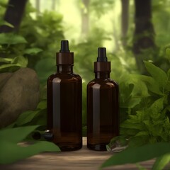 Unlabeled brown serum bottles in a forest-like background: Generative AI