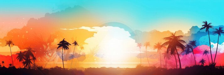 Naklejka na ściany i meble Colorful summer sunset background with palms