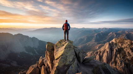 Hiker enjoying mountain top view at dusk or dawn