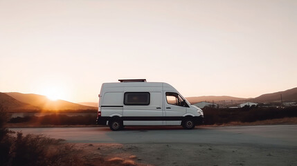 White campervan ready for travel at dusk or dawn