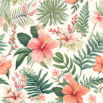 seamless tropical plants and flowers seamless pattern vector seamless tropical plants and flowers floral background..