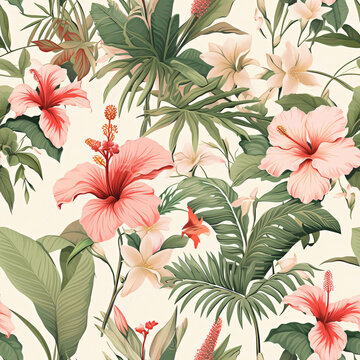 seamless tropical plants and flowers seamless pattern vector seamless tropical plants and flowers floral background..