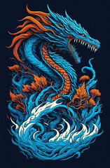 Chinese Dragon design illustration. Traditional mystical creature detailed and ornate drawing. Generative Ai.