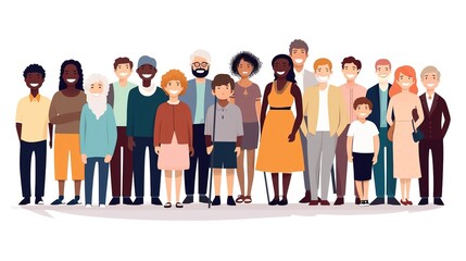 People of many races and cultures isolated on a white backdrop. Standing together are happy old and young men, women, and children. Social variety, with generative ai