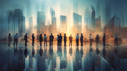 Double exposure image of many business people conference group meeting on city office building in background showing partnership success, with generative ai