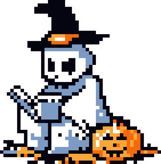 Pixel Art Halloween ghost reading book.