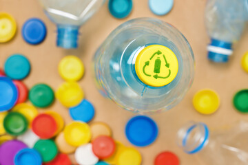 Separate garbage PET recycle plastic bottle caps recycling bottles icon recycle symbol packaging icon. Bottle cap separate waste sorting plastic cap sorting PET plastic garbage sorting used PET waste
