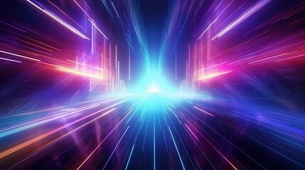 Future technology. Dynamic scene that shines. Flare of neon. Rays of various colors. Fast moving lines that are magical. Beautiful studio. Hologram display with generative ai