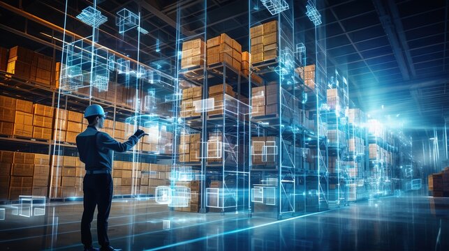Future virtual reality technology for innovative VR warehouse management . Concept of smart technology for industrial revolution and automated logistic control, with generative ai