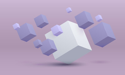 White cubes. Box. Vector illustration. Vector illustration of 3d cubes, Flying cubes, abstraction from three-dimensional figures, space with cubes, 3d objects