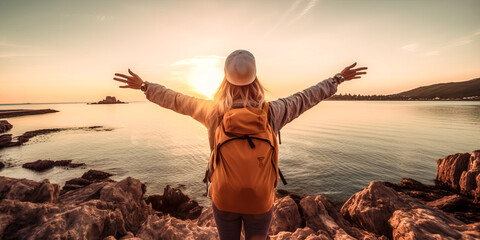 She confidently strides with a backpack, ready for the day ahead.