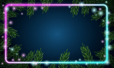 Fototapeta na wymiar Christmas tree branches. Festive Xmas border of green branch of pine. Pattern pine branches, spruce branch. Glowing neon frame, space for text. Realistic design decoration element. Vector illustration